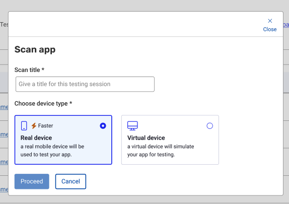 Screenshot of the real and virtual device selection available for testing