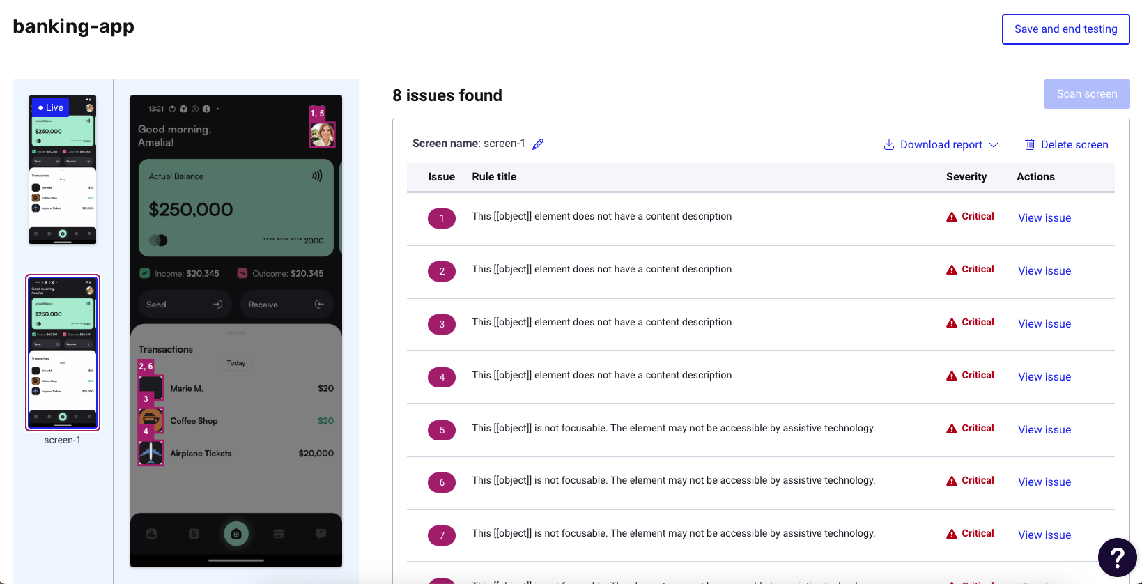 Scan screen page. Displays a list of all the accessibility issues found after scanning.