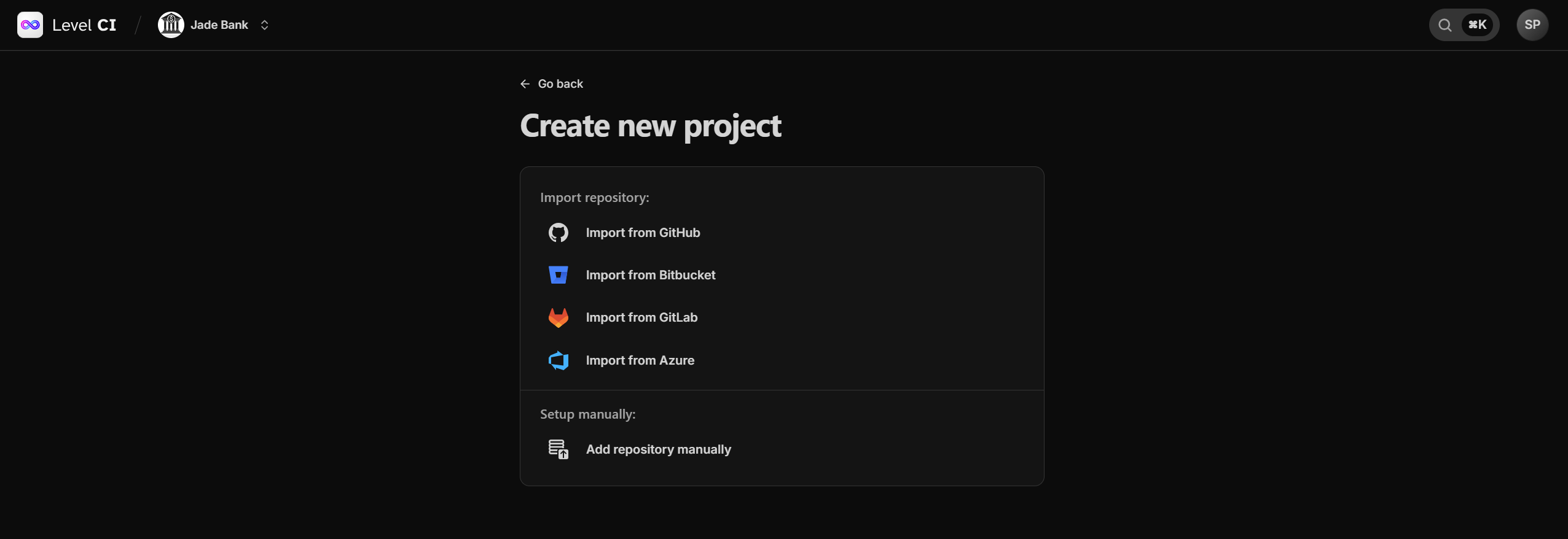 Screenshot of the project creation page, displaying a list of available repositories.