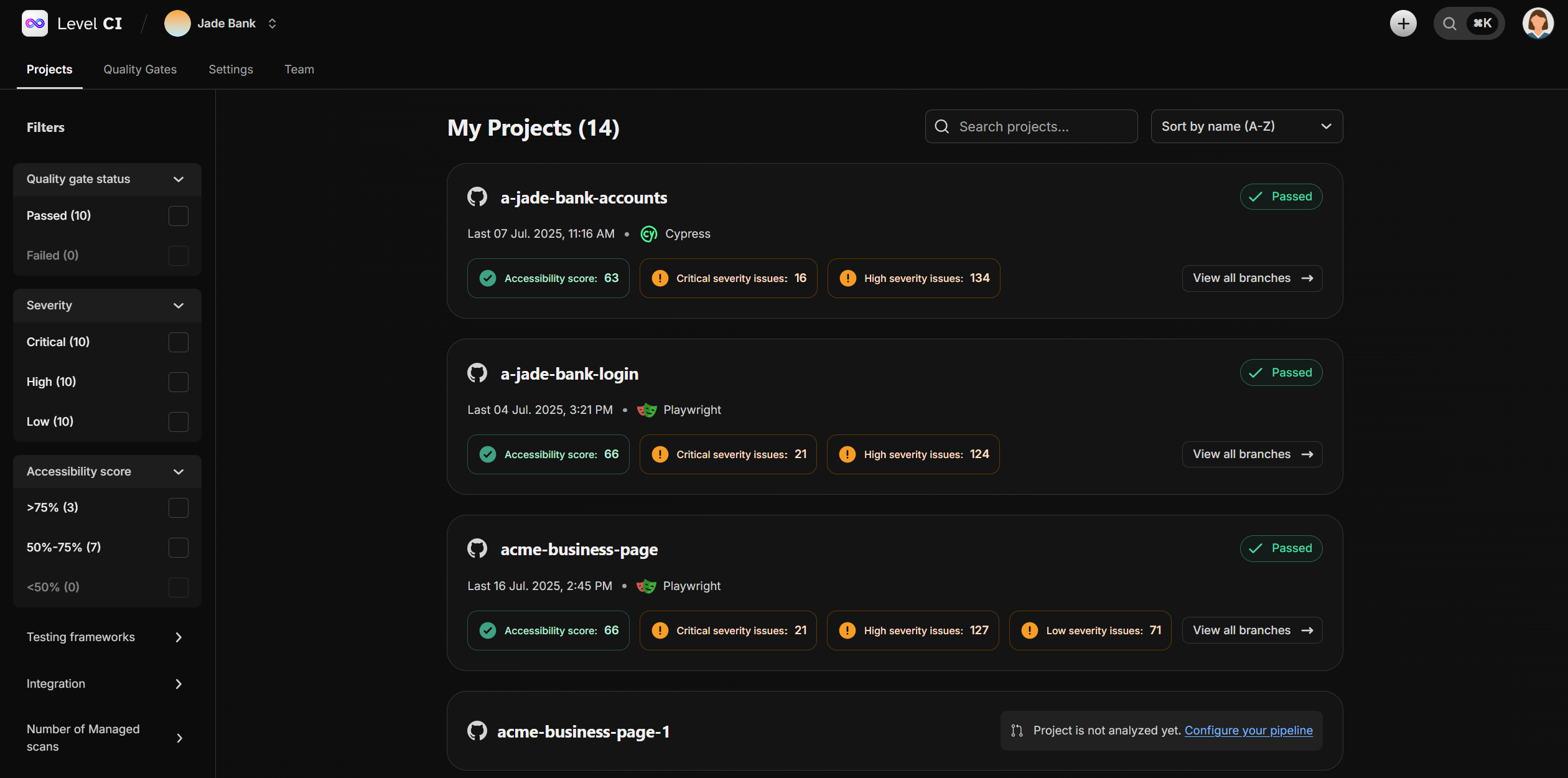 Screenshot of the projects page in the Level CI interface.