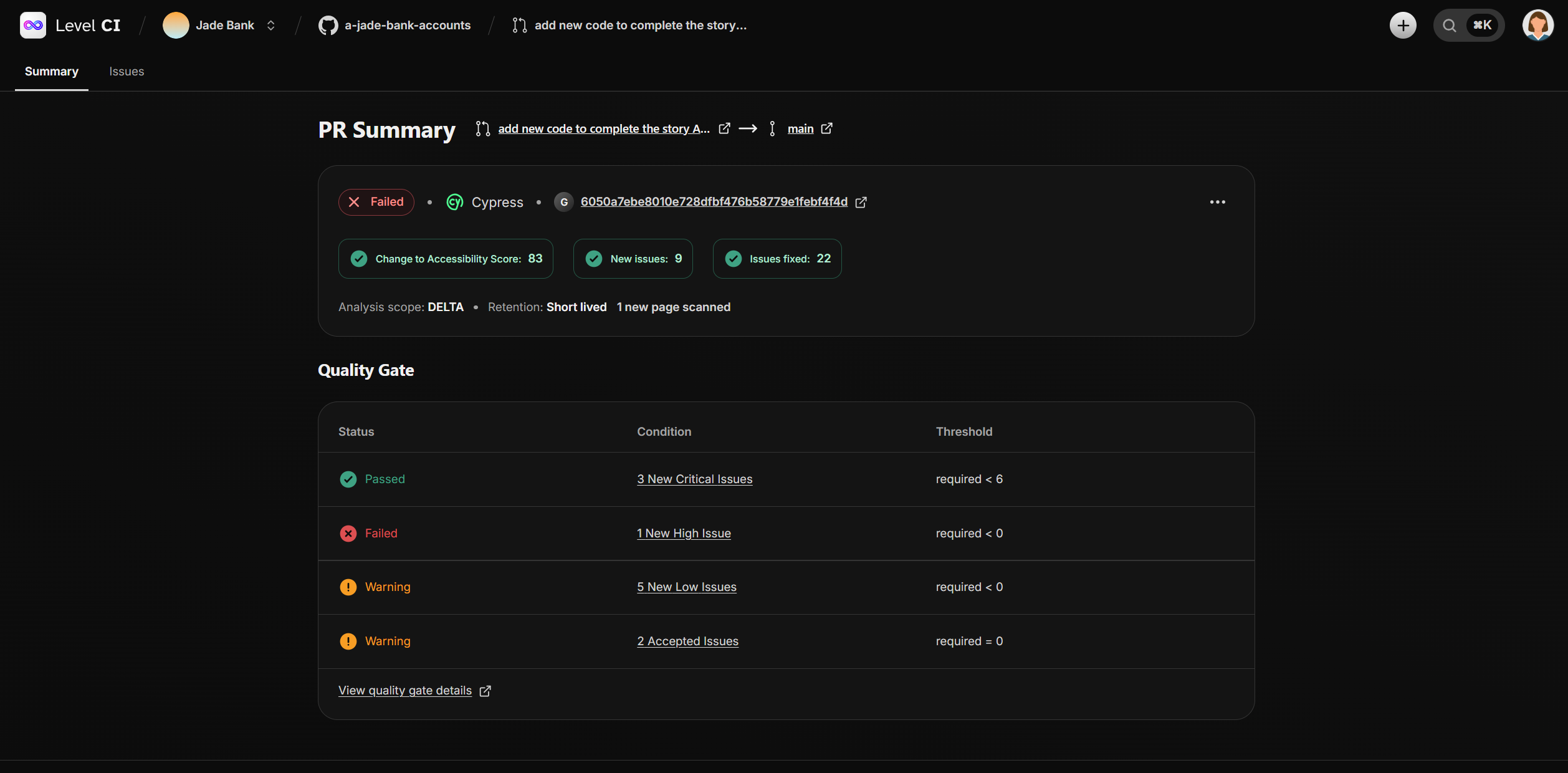 Screenshot of the PR summary page with the quality gate results.