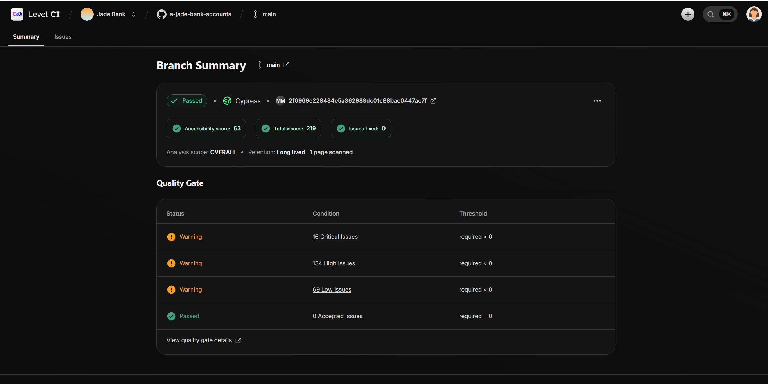 Screenshot of the branch summary page, listing the quality results based on set thresholds, E2E testing framework and status.