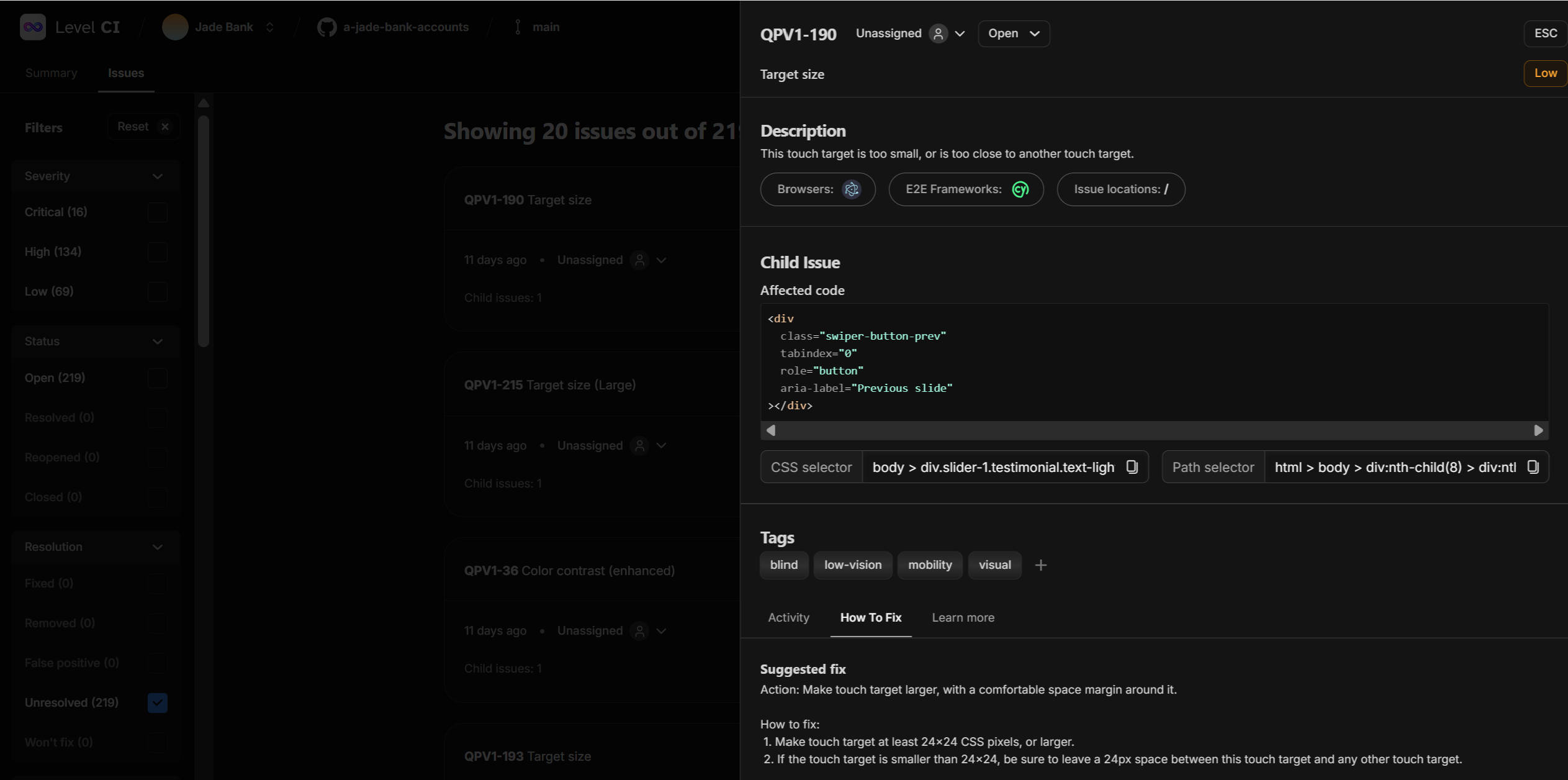 Screenshot of the detailed issue view, showing a description, code snippet, and suggested fixes for accessibility issues.