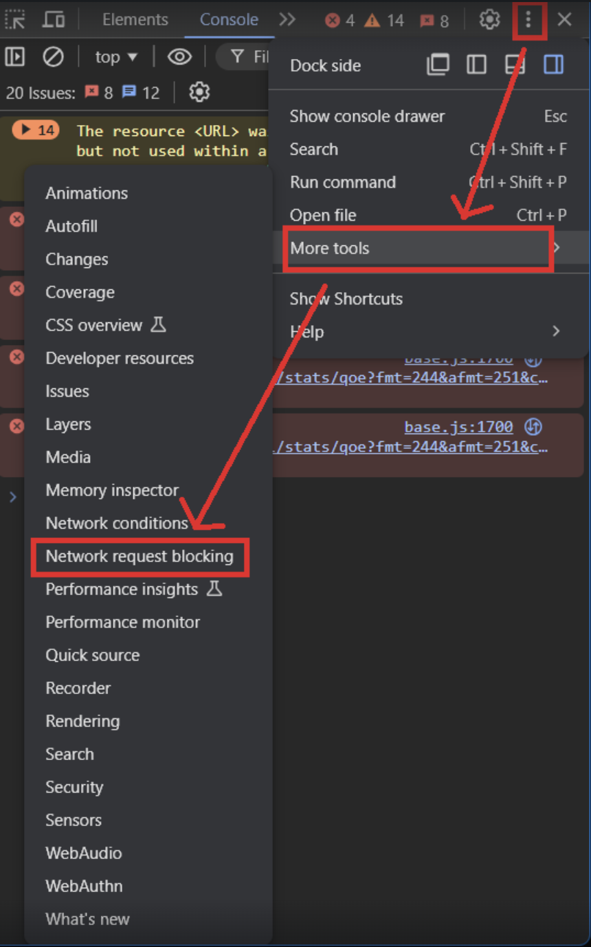 Screenshot detailing how to get to the Network request blocking option from the more tools section.