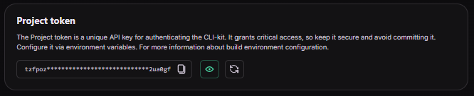 Screenshot of the Level CI token, the image displays a description of the project token and a field to copy the number or generate a new one.