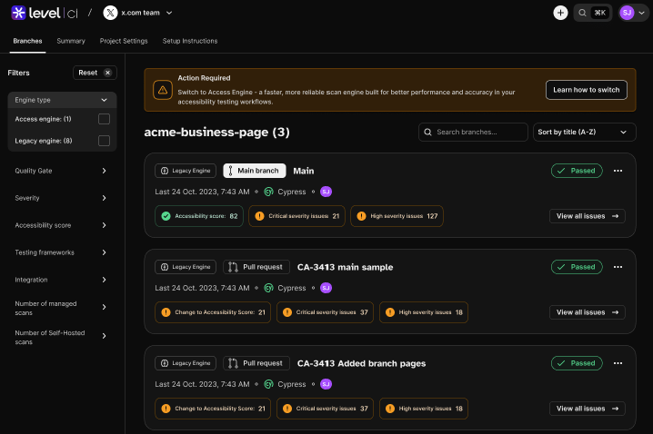 Screenshot of the Action required banner displayed on the branches page, advising users of the performance and accuracy improvements of changing to Access engine and a Learn how to switch button.