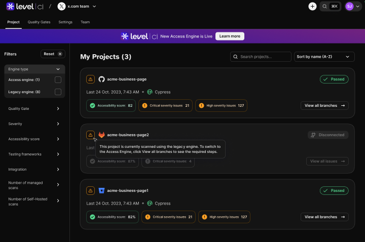 Screenshot of the Access Engine is live banner from the Level Ci project page. It displays the banner on top of the projects list.