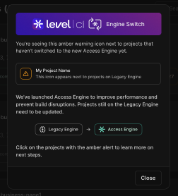 Screenshot of Legacy Engine warning page displaying a notice directing users to switch to Access Engine.