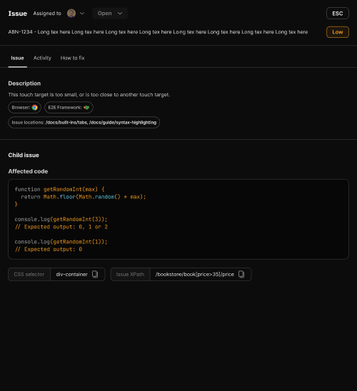 Screenshot of the issue page displaying a description of the issue, related child issues, a code snippet and a how to fix tab.