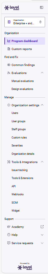 Shows top level navigational menu for your organization.