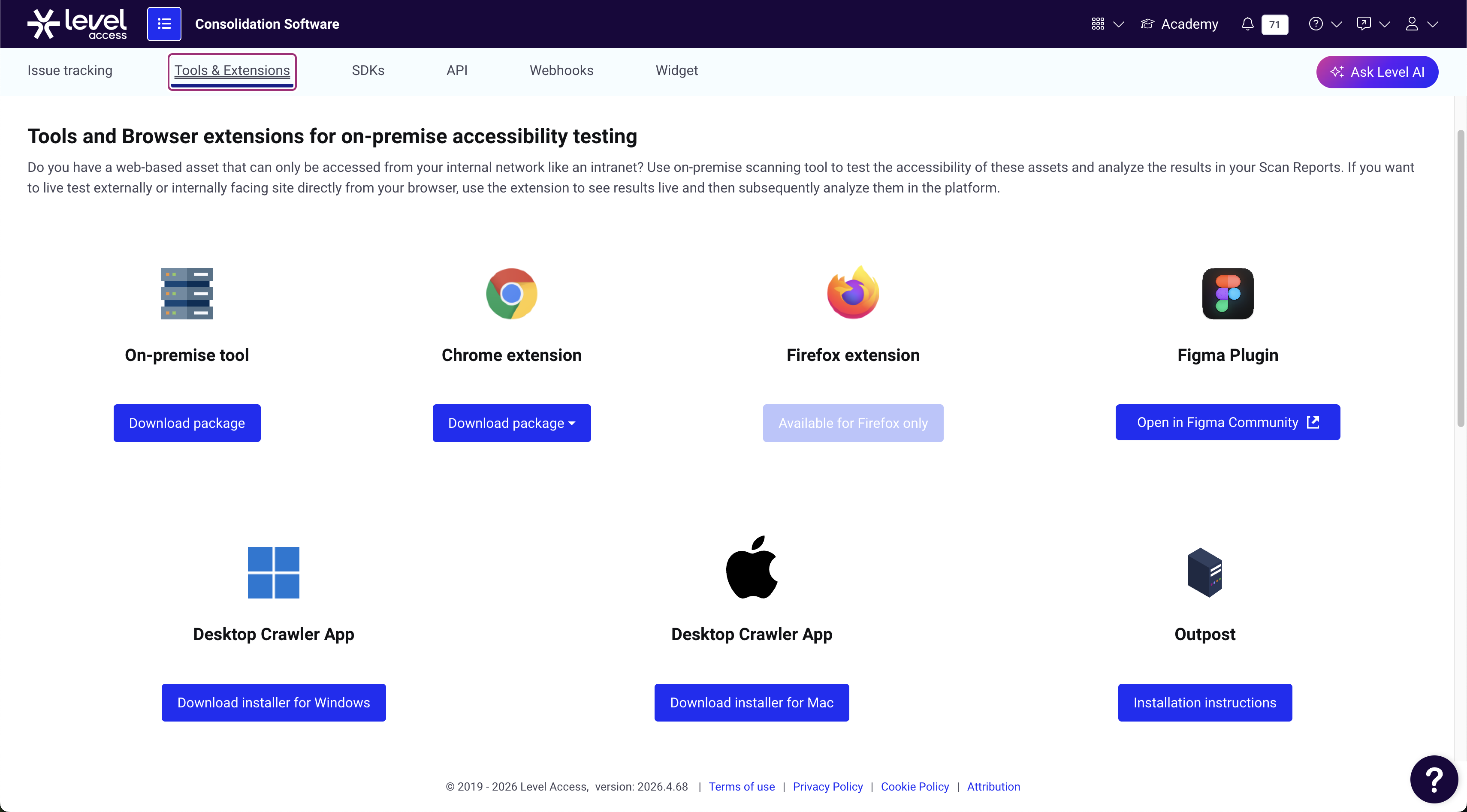 Screenshot of the Tools & extensions page, displaying icons and names of the applications available for downloading from the Level access platform.