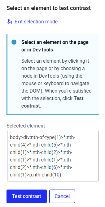 Screenshot of the test contrast page. It displays a list of selected elements within a website and a button to test the contrast or cancel.