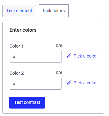 Screenshot of the pick colors tab, displaying the enter colors fields and test contrast option.