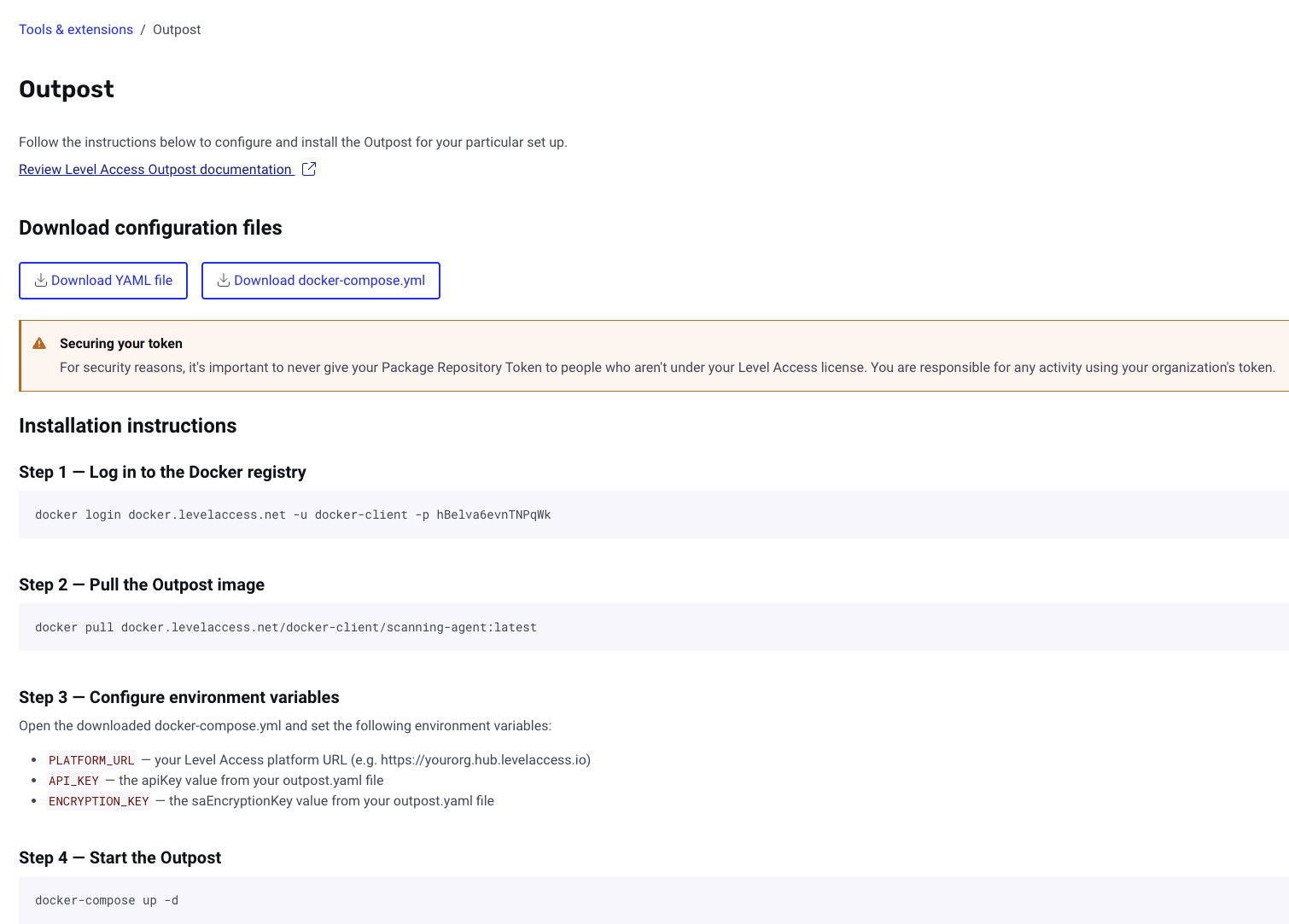 Screenshot of the Outpost download configuration files instructions page. displaying a step by step guide on setting up the application.
