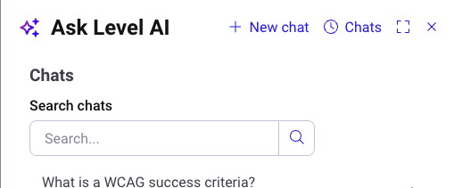 Screenshot of the Ask Level AI screen, displaying a search engine to navigate the chat history.