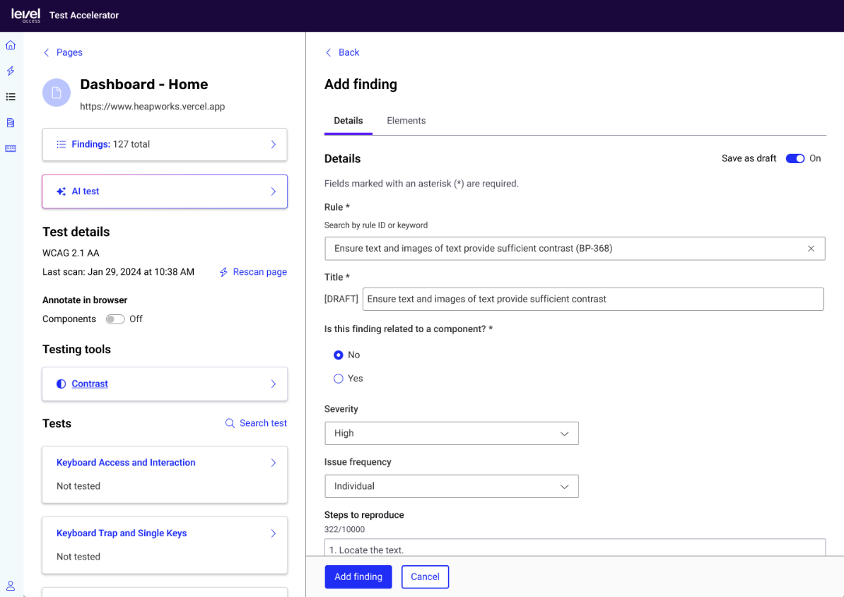 Screenshot of the test accelerator add finding page. It displays the details of a finding including title, severity, issue frequency and steps to reproduce.