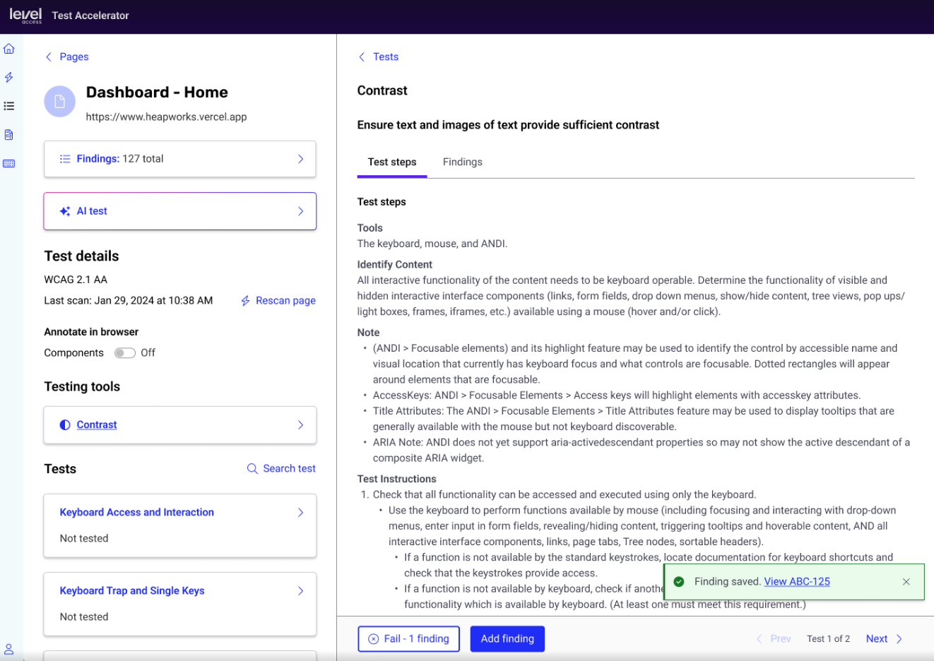 Screenshot of the test accelerator tests page, displaying the test steps section including tools, identify content, notes and test instructions.