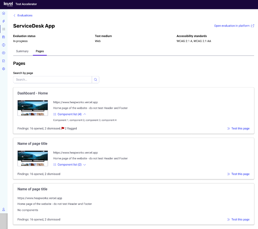 Screenshot of the Search by page screen, displaying the search by page search engine, and a list of search results, with the option to test each page.
