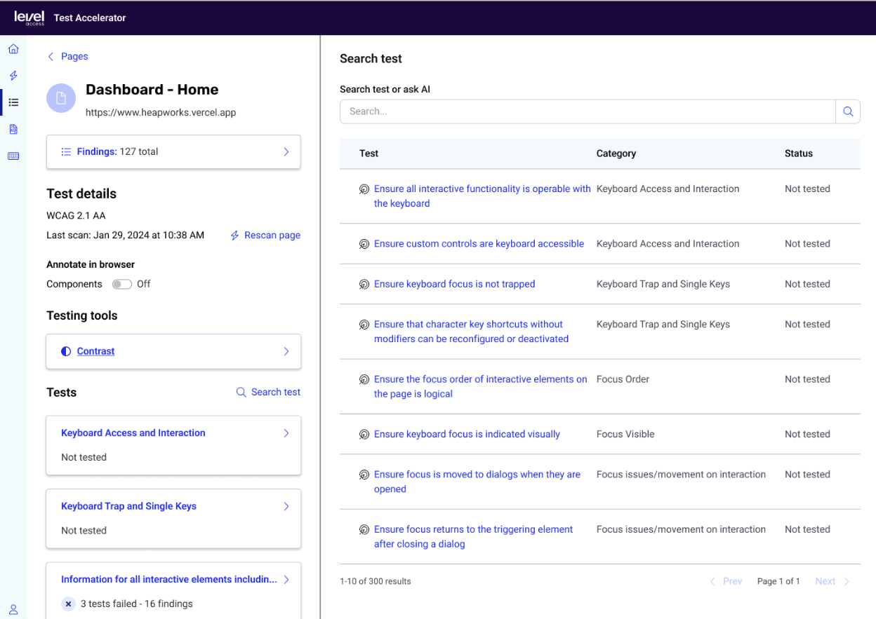 Screenshot of the test accelerator search test page, it displays a left pane with test details, and a main pane listing tests by category and status.