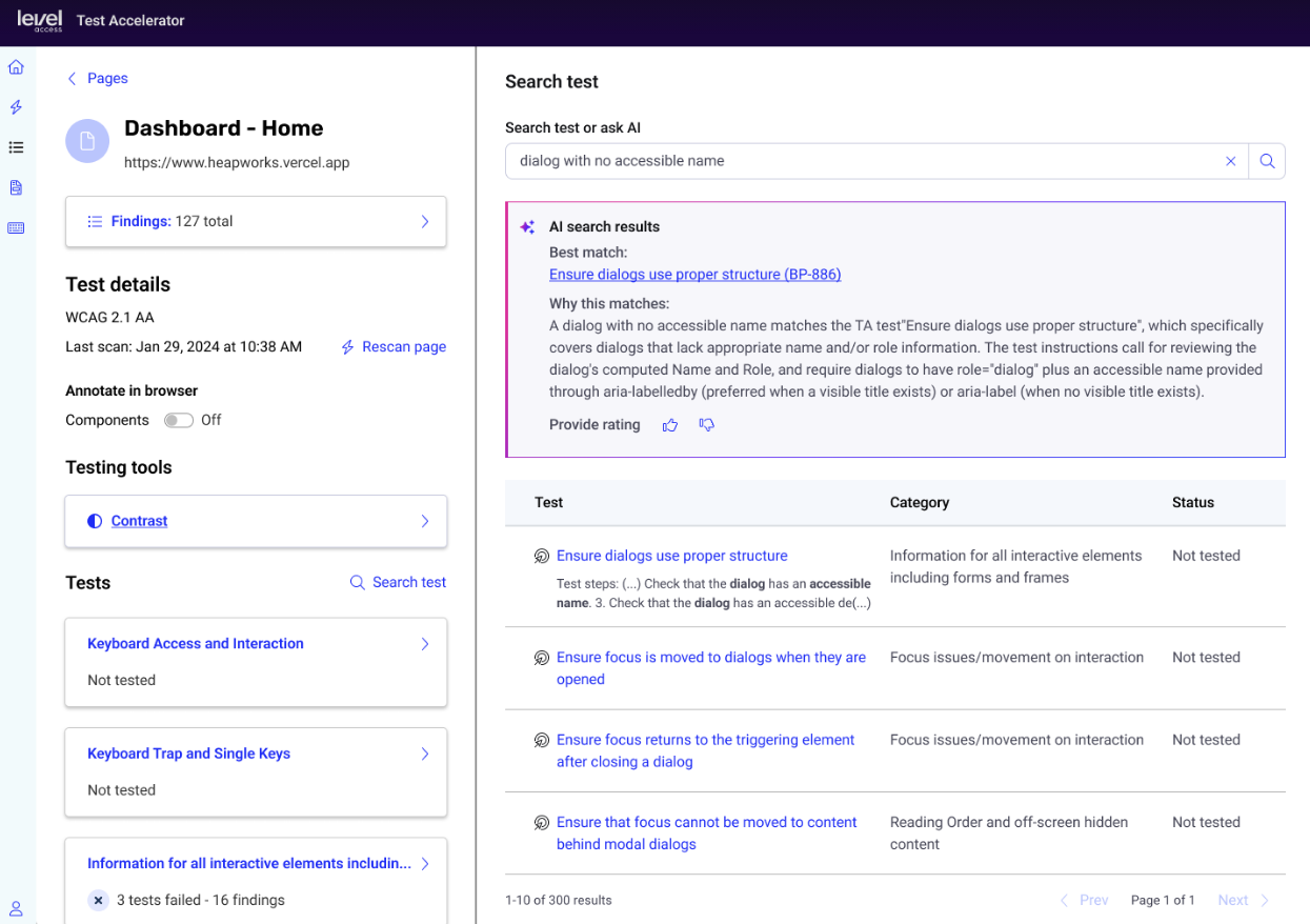 Screenshot of the search test page, displaying the search test or as AI search box, and a section with AI search results.