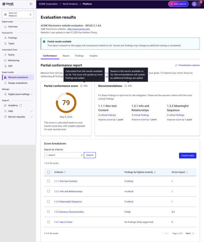 Screenshot of the evaluation results screen. It displays the partial performance score, recommendations and score breakdown in the platform.