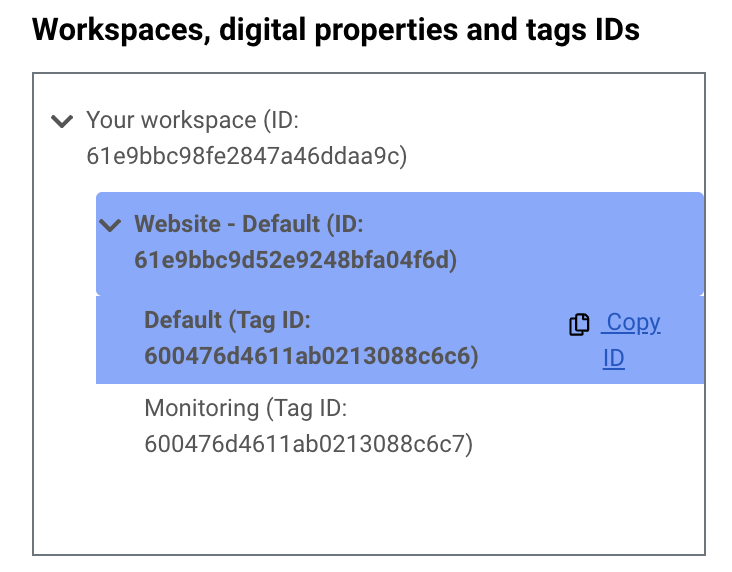 Screenshot of the Workspaces, digital properties and tag ID section with the scan tag ID selected in the eA Platform.