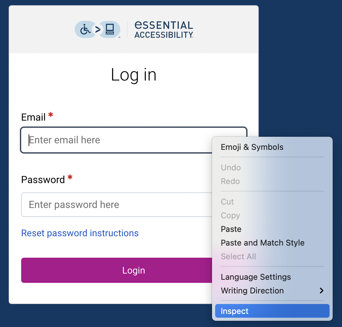 Example of inspecting the username field from the Level Access Platform login page using Chrome.