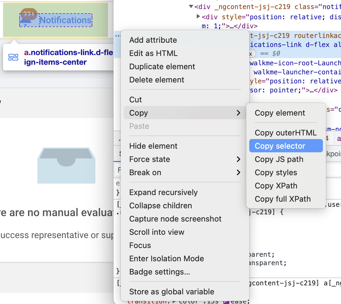 Example of copying an HTML success selector from the Level Access Platform using Chrome.